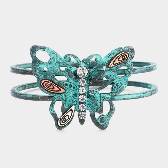 Patina Verdigris Metal Butterfly Bracelet Statement Hinged Rhinestone Crystal - Picture 1 of 2